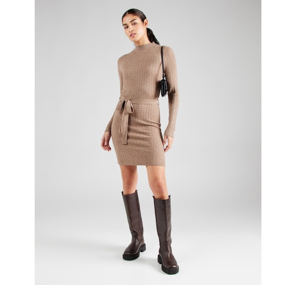 NWT ONLY Women's Lea High Neck Ribbed Cable Knit Sweater Dress Malt Ball Large